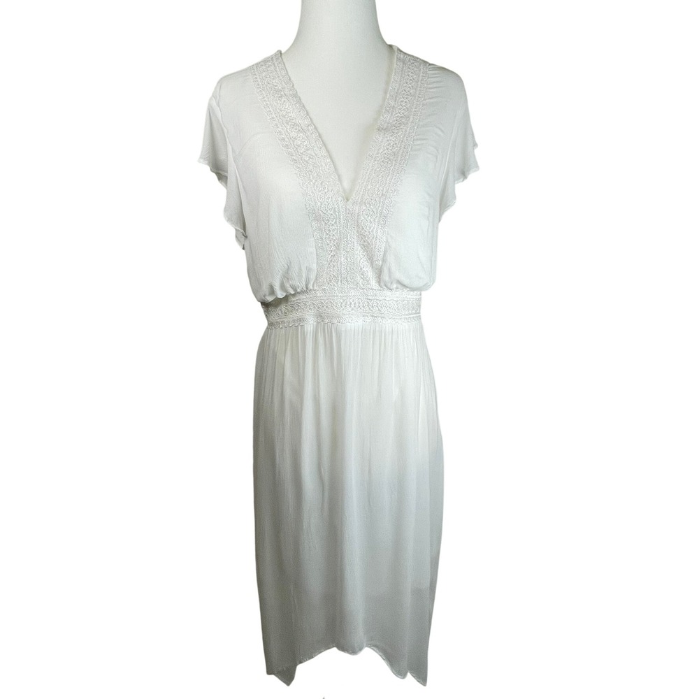 Libby Edelman‎ Dress XL White Lace Boho Fairy Flutter Sleeve V-Neck Midi